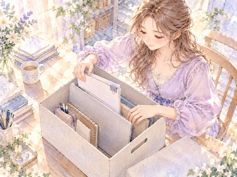 転勤に向けて書類と仕事道具を整理する女性