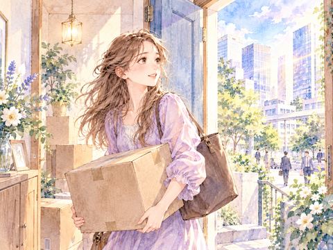 転勤のため段ボールを運び新居へ向かう女性