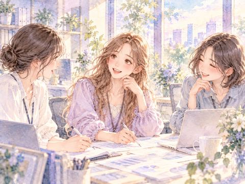 転勤先の明るいオフィスで同僚と楽しく働く女性