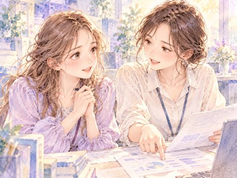 転勤先で親切な同僚に仕事を教えてもらい安心する女性