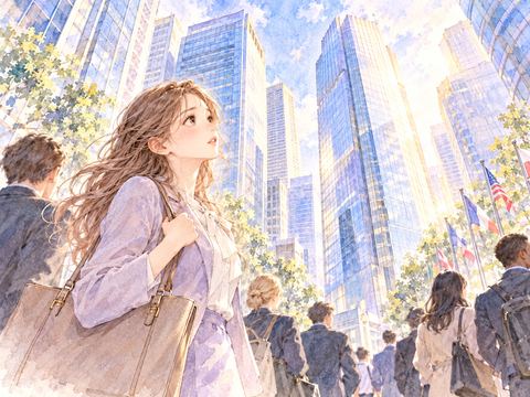 海外のオフィス街で新しい職場を見上げる日本人女性