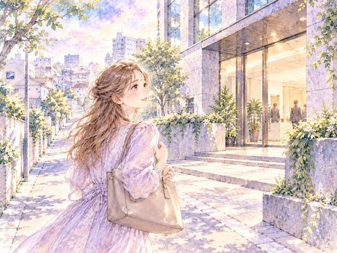 住み慣れた街から近くの新しい職場へ歩く女性