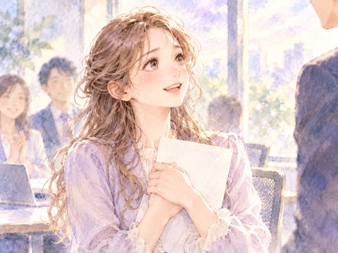 転勤の辞令を受け取り嬉しそうに笑う女性