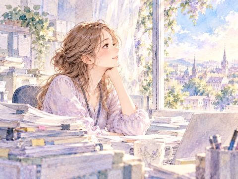 転勤が決まり職場の窓辺でほっとする女性