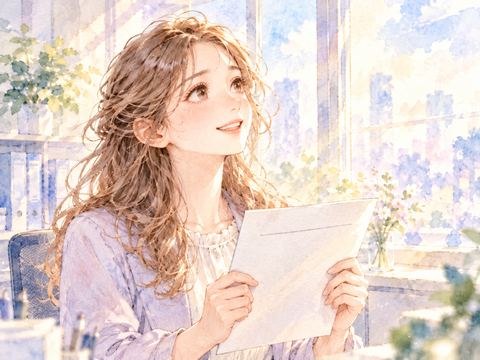 希望の転勤が決まり辞令を手に微笑む女性
