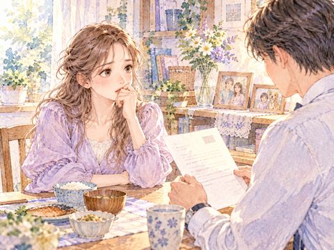 夫の転勤の知らせを聞き食卓で考え込む女性