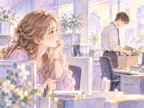 転勤する好きな人をオフィスで見つめる女性