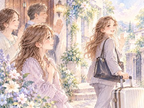 転勤で旅立つ姉を玄関先で見送る女性と家族