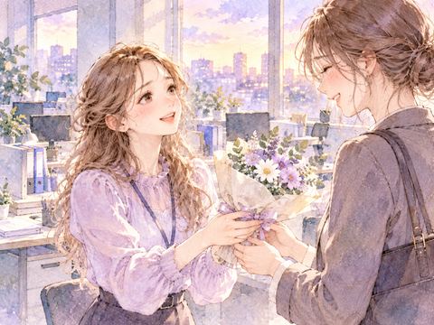 転勤する同僚に花束を渡す女性
