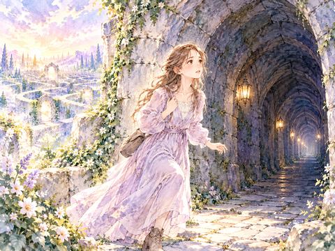 トンネルの入口で奥を見つめながら一歩踏み出す女性