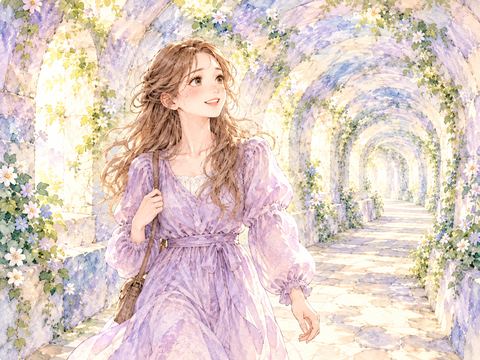 明るいトンネルの中を穏やかな笑顔で歩く女性