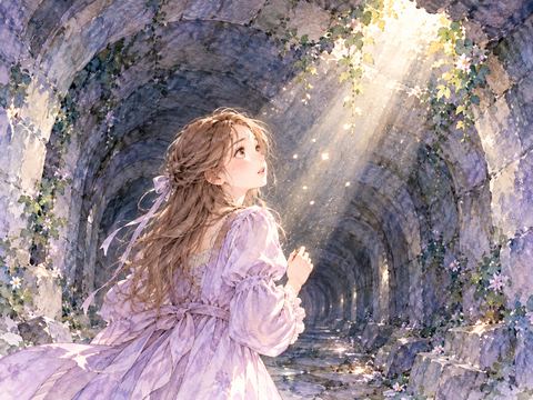 暗いトンネルの途中に差し込む光を見上げる女性