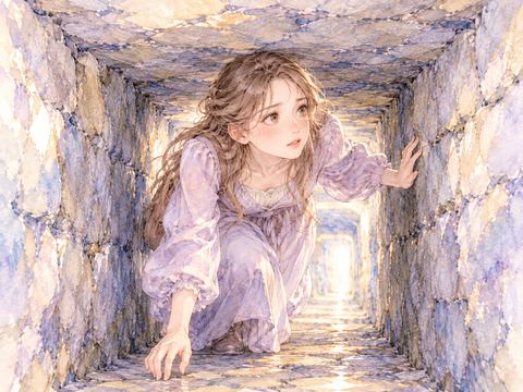 狭いトンネルで身をかがめながら進む女性
