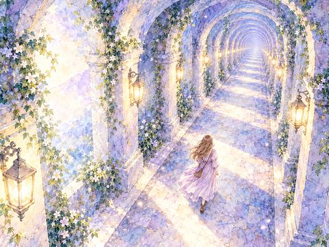 遠くまで続く長いトンネルを一歩ずつ歩く女性