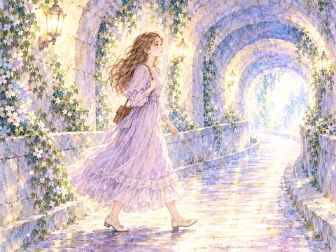 トンネルの中を落ち着いた足取りで歩く女性