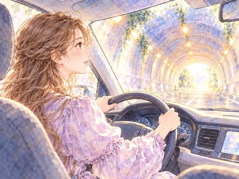 トンネル内でハンドルを握り前方を見つめる女性