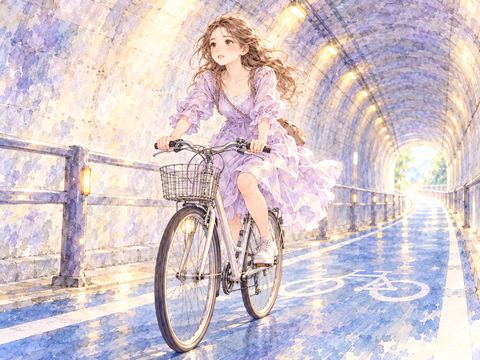 トンネルの中を自転車で慎重に走る女性