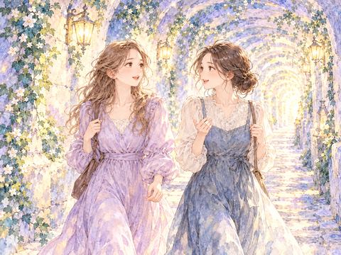 トンネルを並んで歩きながら話す二人の女性