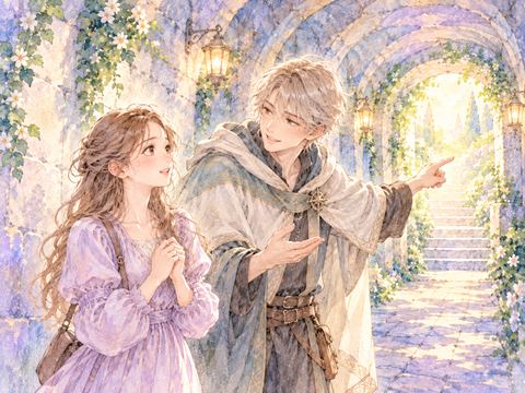 トンネルの途中で出会った人に道を教えてもらう女性