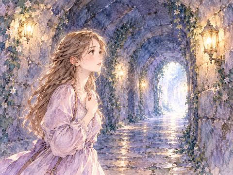 トンネルの途中で立ち止まり前方を見つめる女性