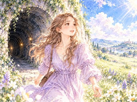トンネルを抜けて青空の下でほっとする女性