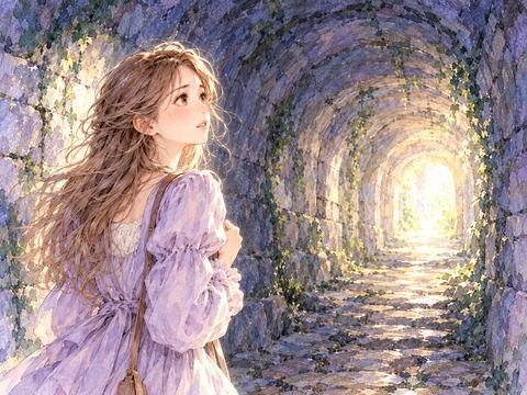 暗いトンネルの奥に見える明るい出口を見つめる女性