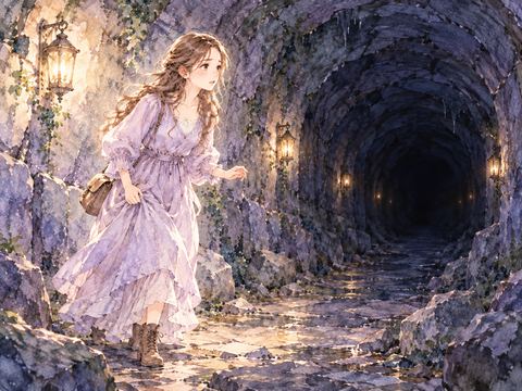 暗いトンネルで足元を確かめながら歩く女性