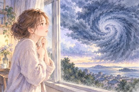 窓から迫る台風雲を見る女性