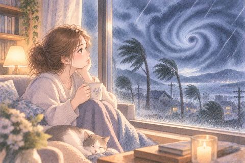 窓越しに台風を静かに見る女性