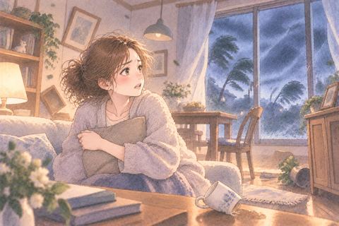 台風で揺れる家の中にいる女性