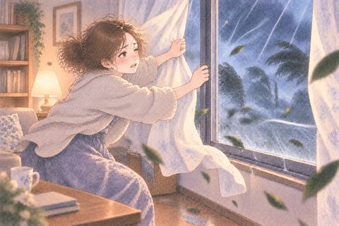 窓から入る雨風を防ぐ女性