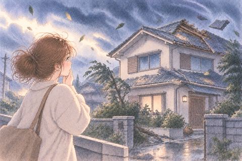 台風で屋根が傷んだ家を見る女性