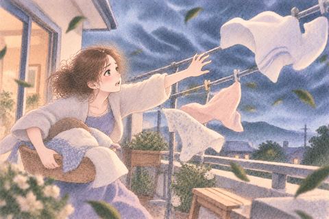 風に飛ばされる洗濯物を追う女性