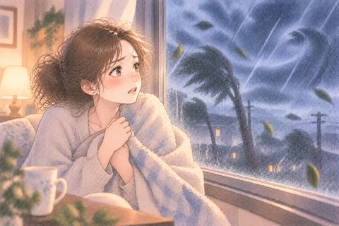窓の外の台風を怖がる女性