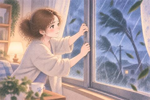 台風の中でも落ち着いて窓を閉める女性