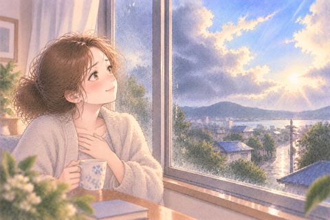 台風が去った空を見て安堵する女性