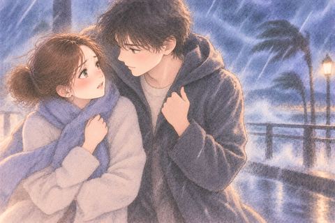 台風の中で好きな人と寄り添う女性