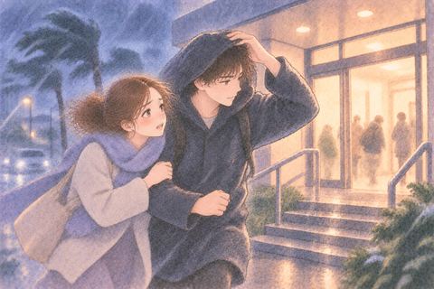 台風から一緒に避難する恋人同士