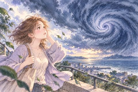 近づく黒い雲を見上げる女性