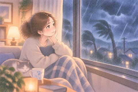 一人で台風を静かにやり過ごす女性