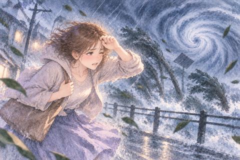 激しい風雨の中で踏ん張る女性