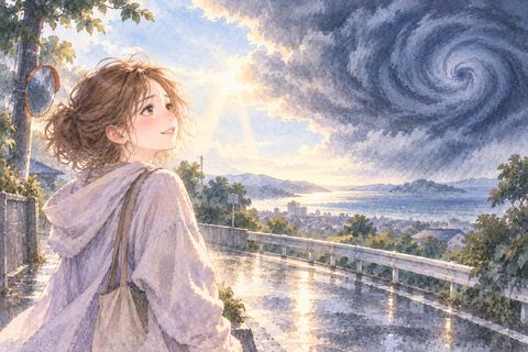 遠ざかる台風雲を見送る女性