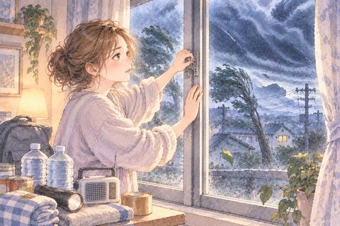 台風に備えて窓を確認する女性