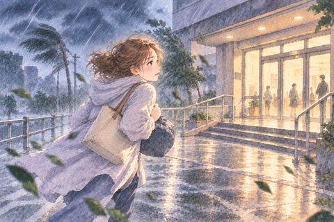 台風から建物へ避難する女性