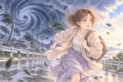 迫る台風から走って離れる女性