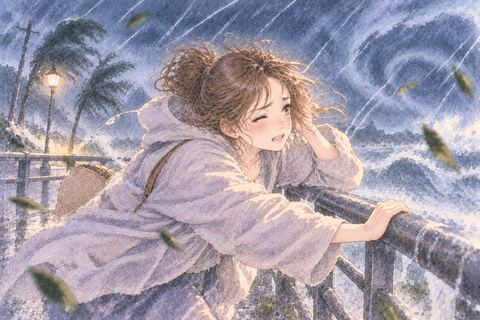 強風の中で姿勢を保とうとする女性