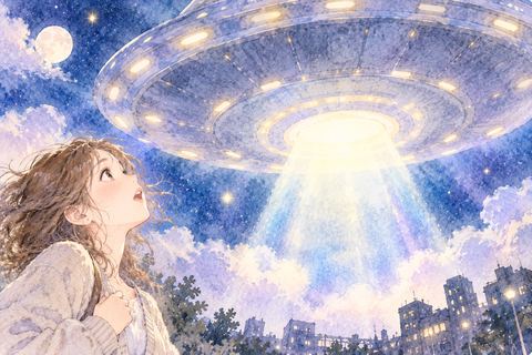 巨大なUFOを見上げて圧倒される女性