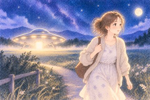 遠くのUFOから離れる女性
