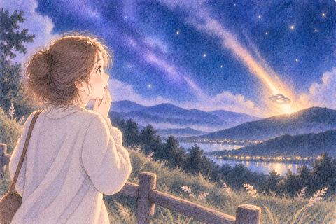 遠くで墜落するUFOを見つめる女性