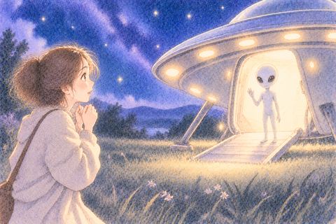 UFOから現れた宇宙人を見る女性